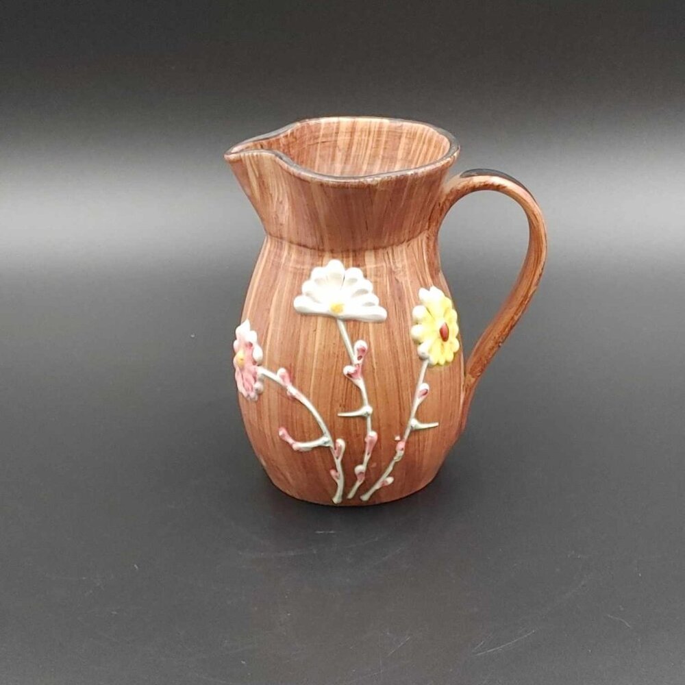 Italian Hand Painted Pottery Pitcher Vase Raised Flowers Yellow Pink White 5.75"
